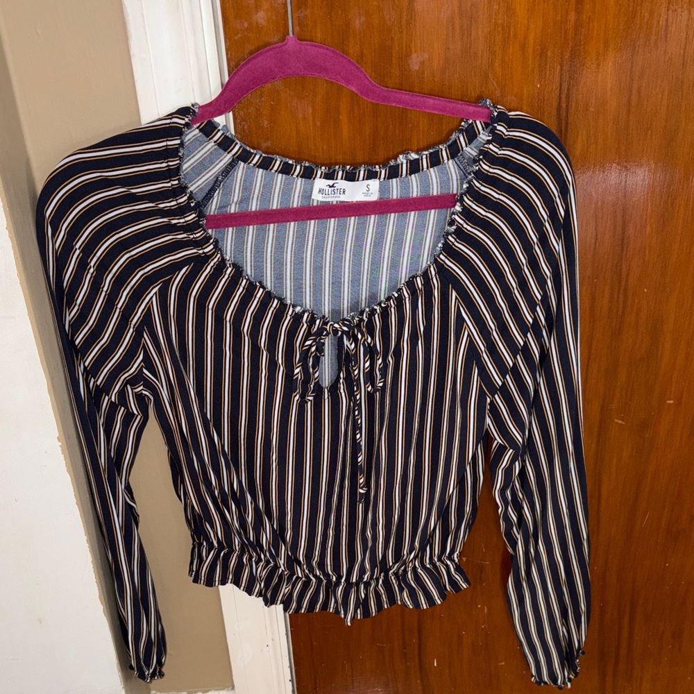 Hollister Navy Blue Striped Tie-Front Peasant Blouse